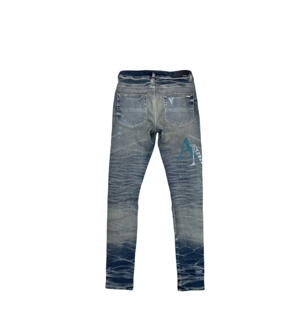 AMIRI Leather Staggered Logo Jeans Vintage Indigo